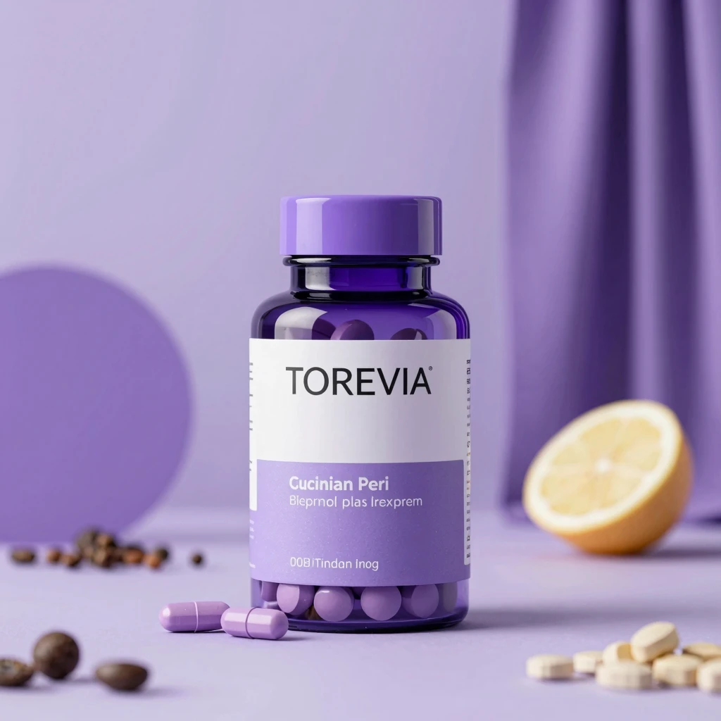 Torevia supplement bottle with purple and lavender packaging
