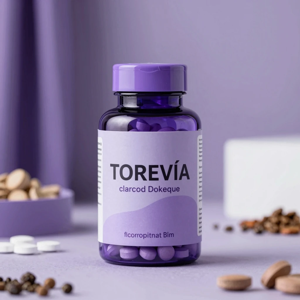 Torevia product bottle and packaging displayed on soft lavender background